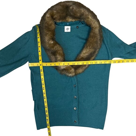 Cabi Teal Faux Fur Removable Collar Cardigan Sweater Button Front 3018 Medium - Picture 11 of 11